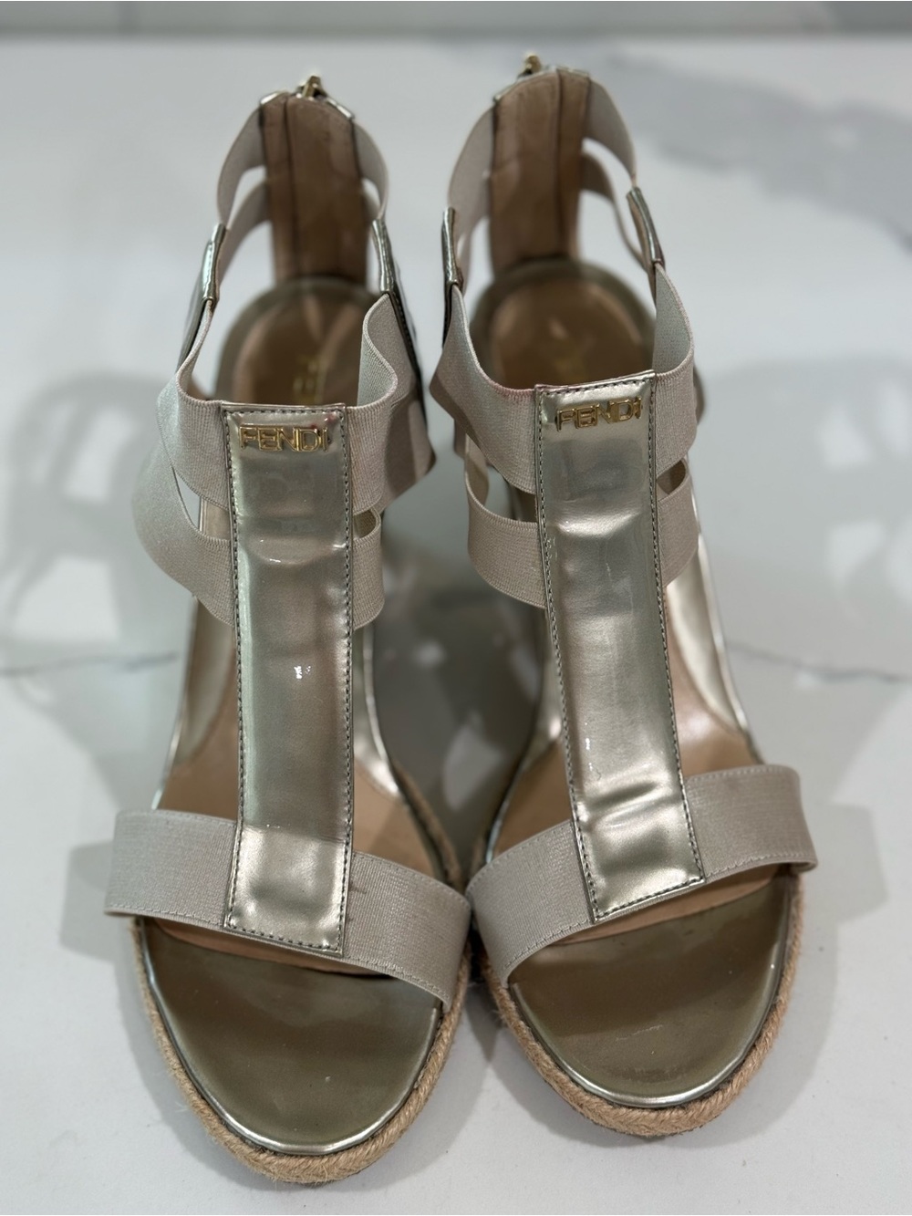 Fendi Cream and Gold Espadrille Wedge Sandals